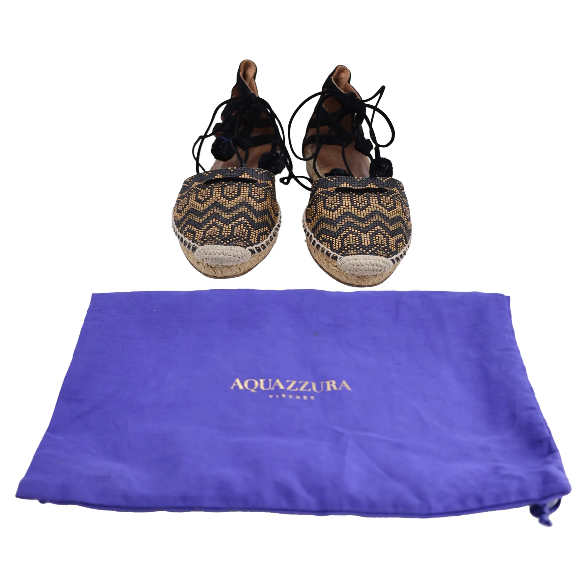 Aquazzura Belgravia Patterned Lace Up Espadrille Flat Sandals in Black and Brown Raffia
