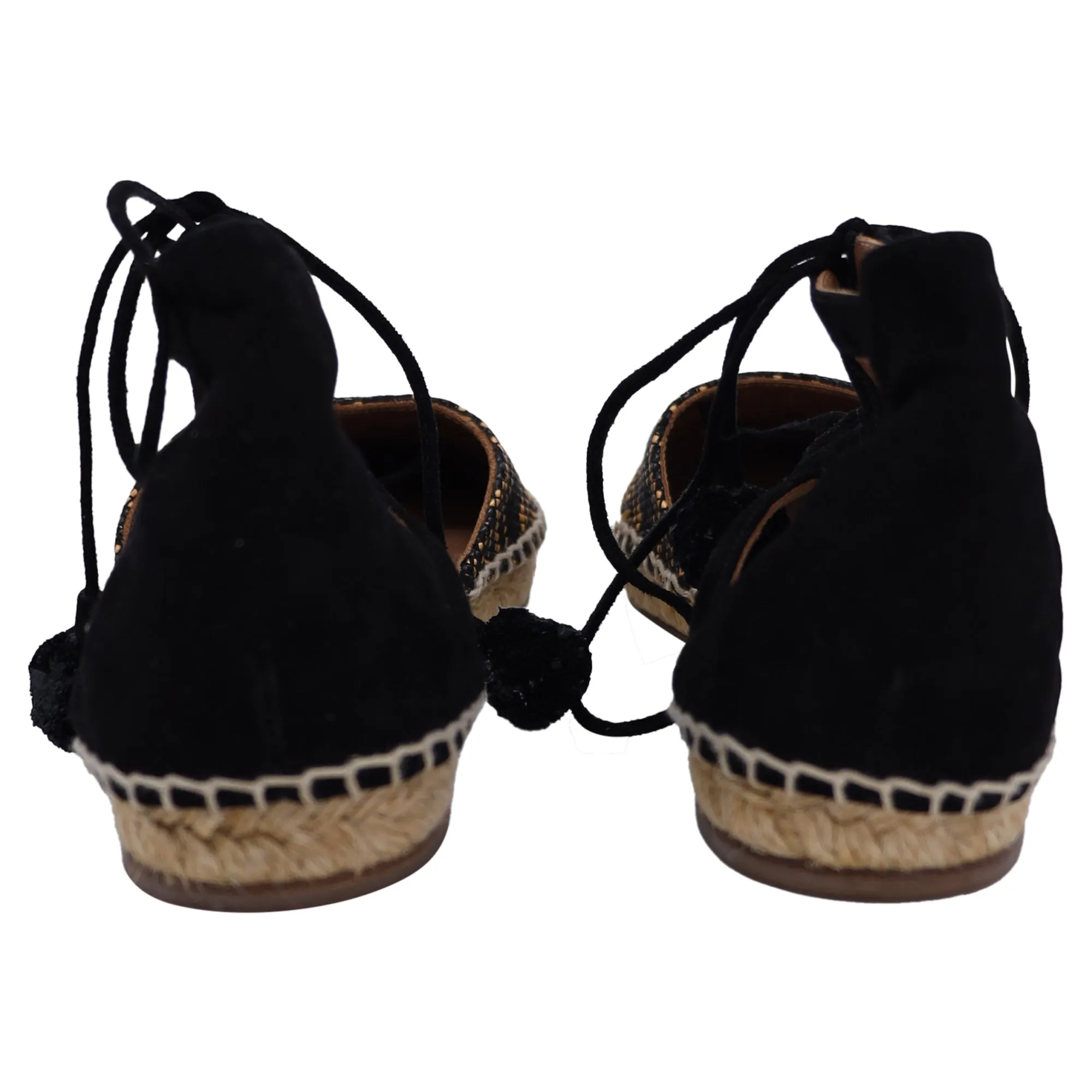 Aquazzura Belgravia Patterned Lace Up Espadrille Flat Sandals in Black and Brown Raffia