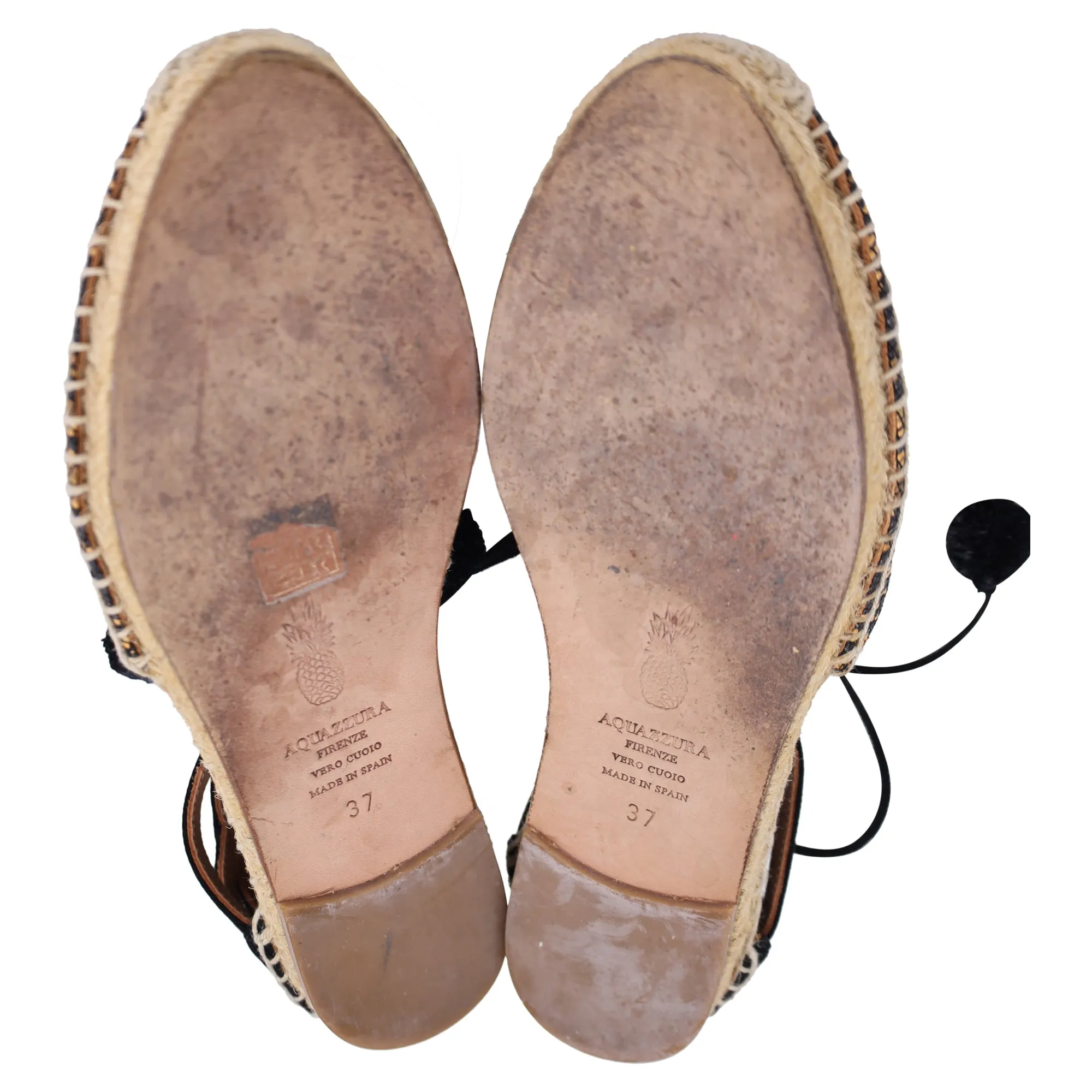 Aquazzura Belgravia Patterned Lace Up Espadrille Flat Sandals in Black and Brown Raffia