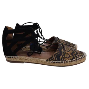 Aquazzura Belgravia Patterned Lace Up Espadrille Flat Sandals in Black and Brown Raffia