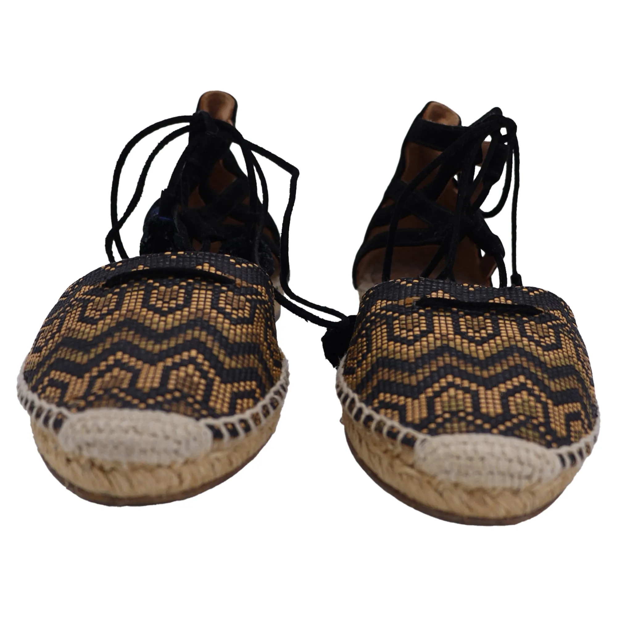 Aquazzura Belgravia Patterned Lace Up Espadrille Flat Sandals in Black and Brown Raffia