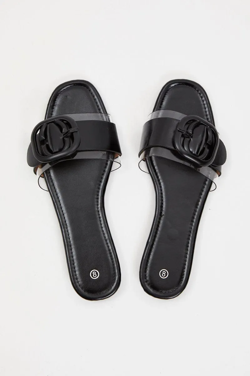 Black Buckle Detail Flat Slides