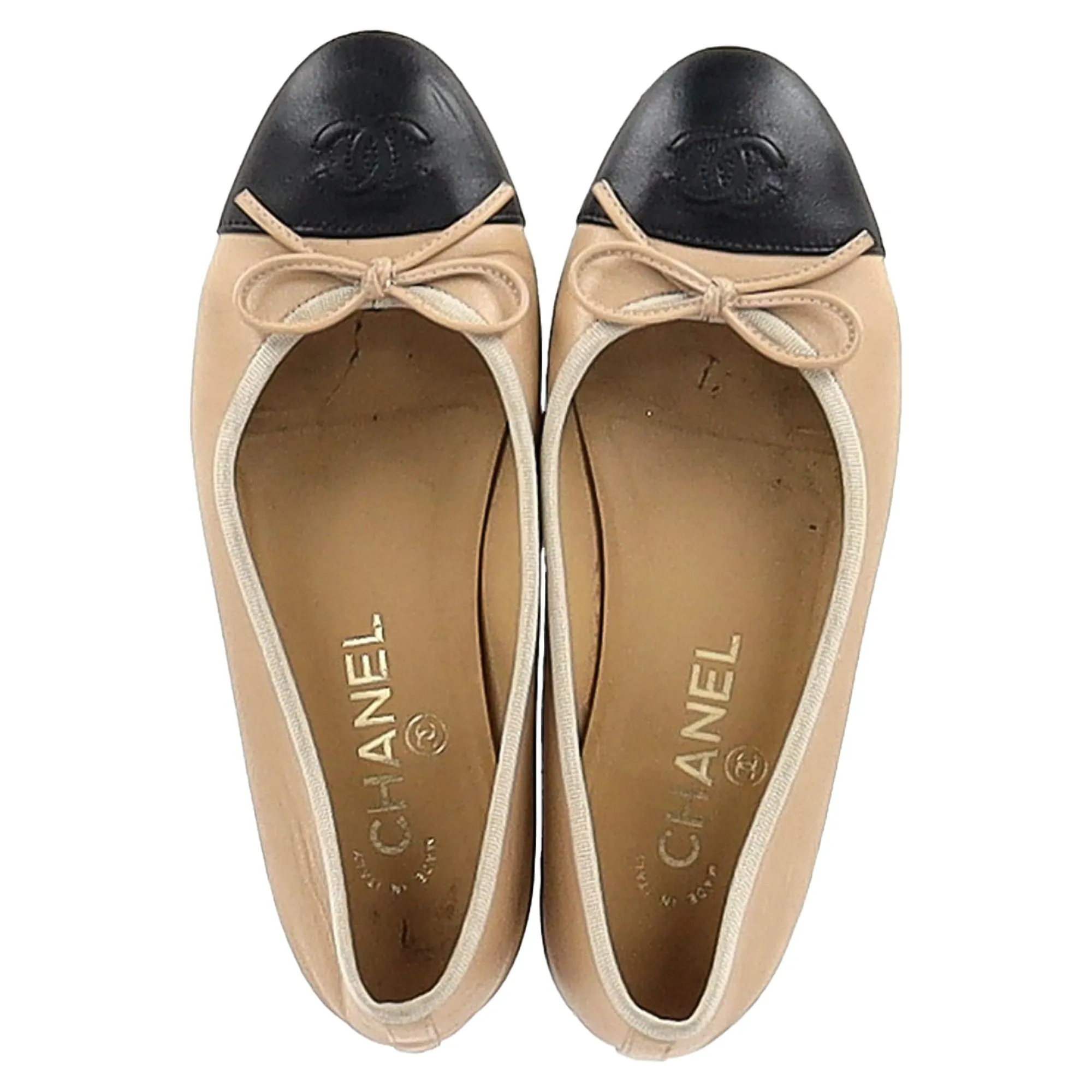 Chanel CC Cap-Toe Bow Ballet Flats in Nude Leather