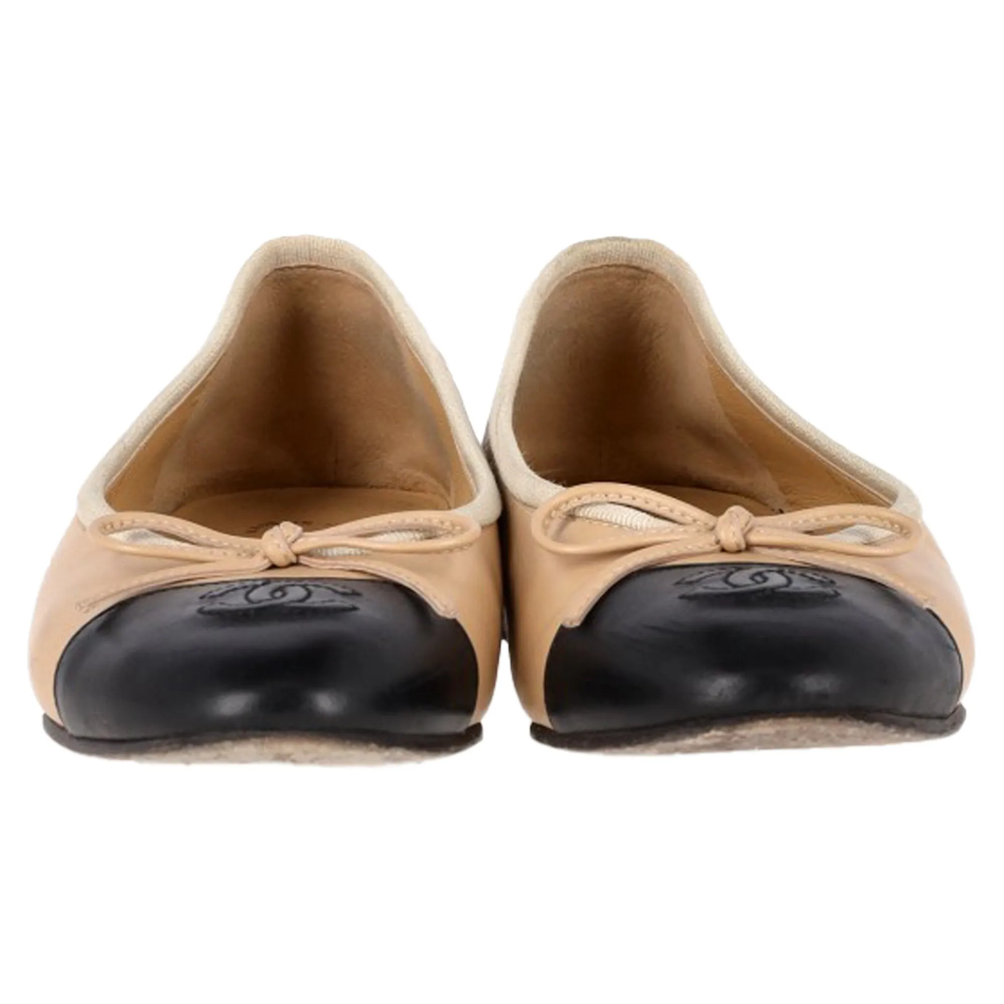 Chanel CC Cap-Toe Bow Ballet Flats in Nude Leather