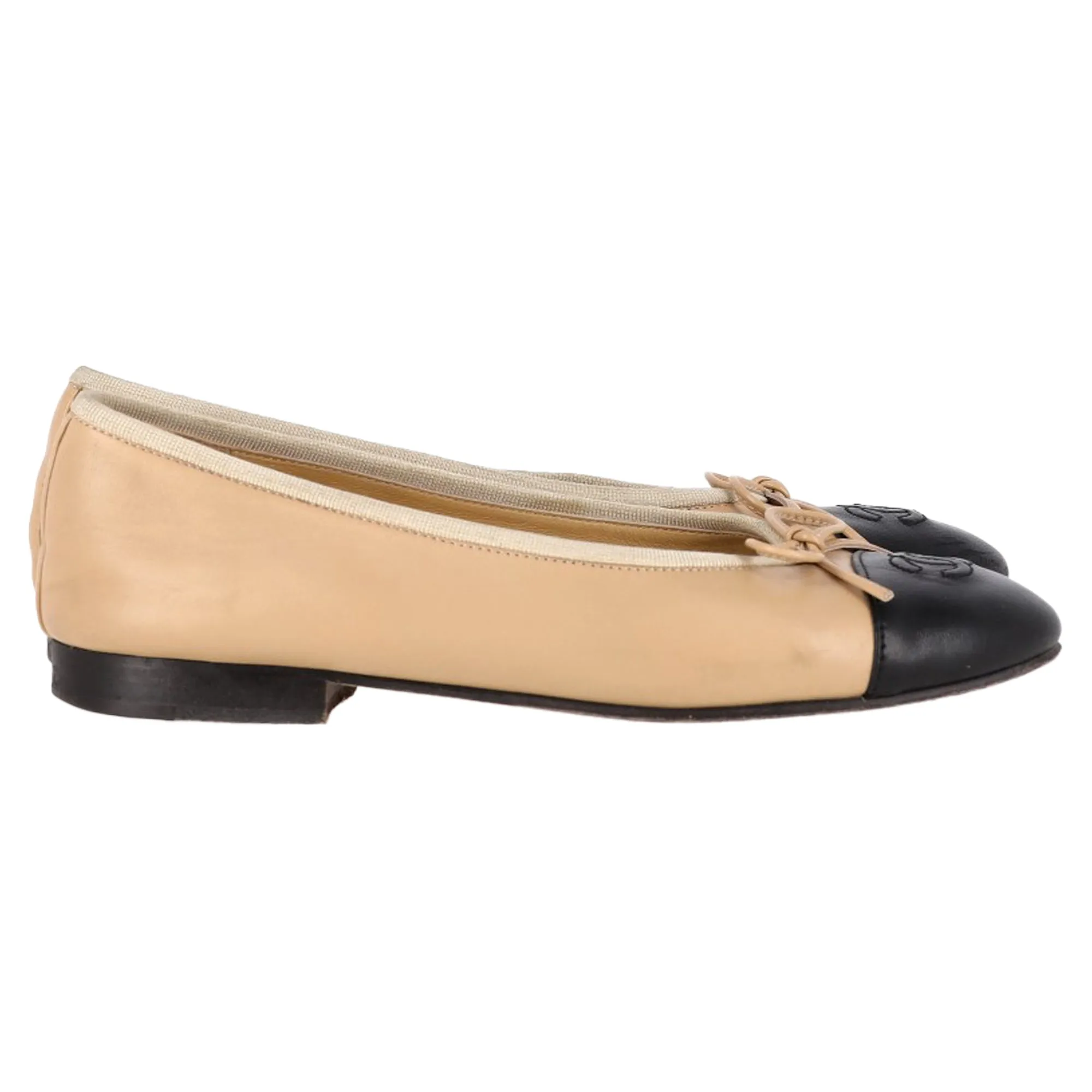 Chanel CC Cap-Toe Bow Ballet Flats in Nude Leather