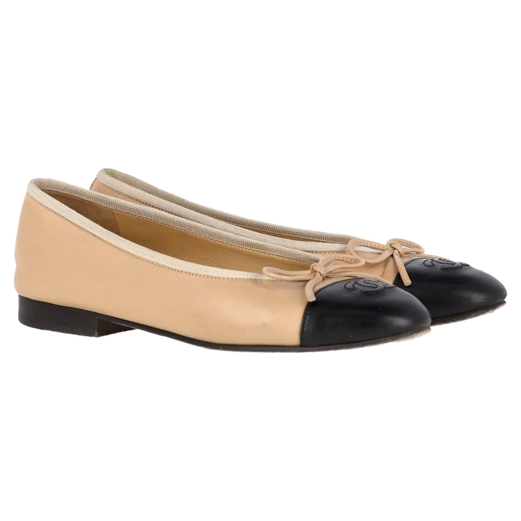 Chanel CC Cap-Toe Bow Ballet Flats in Nude Leather