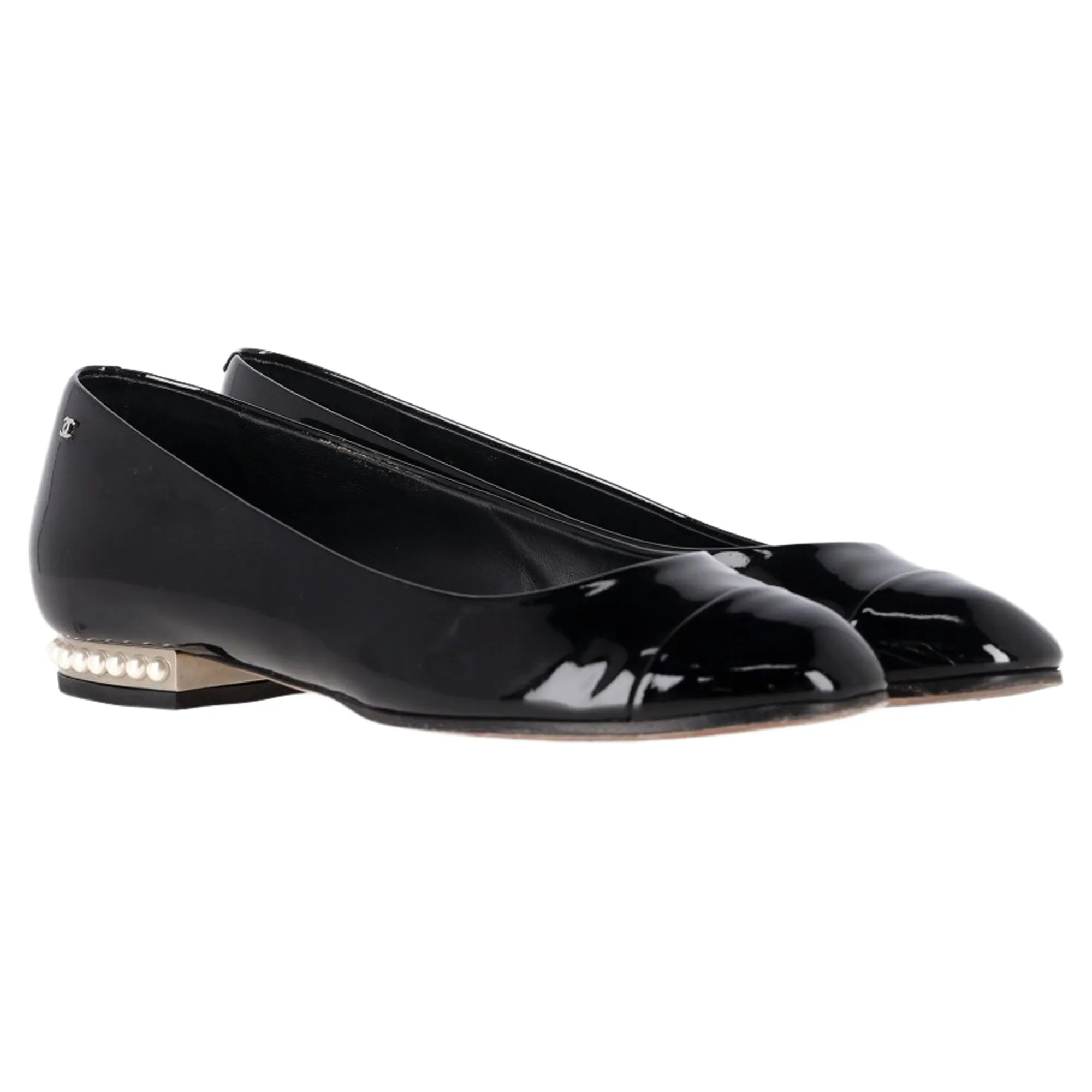Chanel CC Pearl-Embellished Ballet Flats in Black Leather