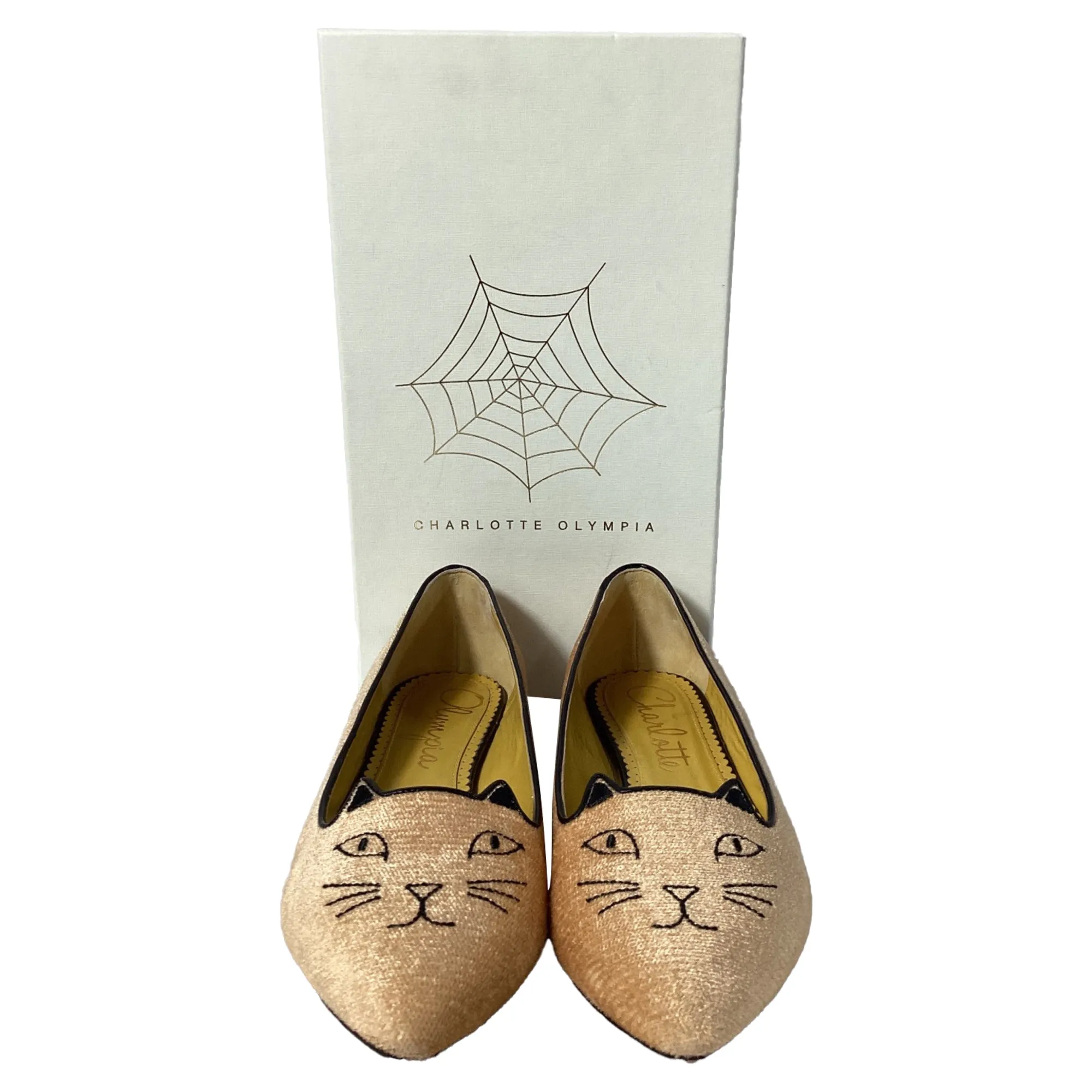 Charlotte Olympia Mid Century Kitty Ballet Flats in Beige Velvet