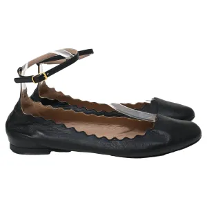 Chlo Scallop Accent Ankle Strap Ballet Flats in Black Leather