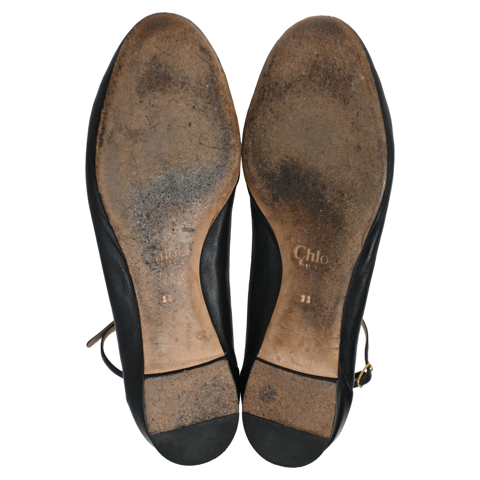 Chlo Scallop Accent Ankle Strap Ballet Flats in Black Leather