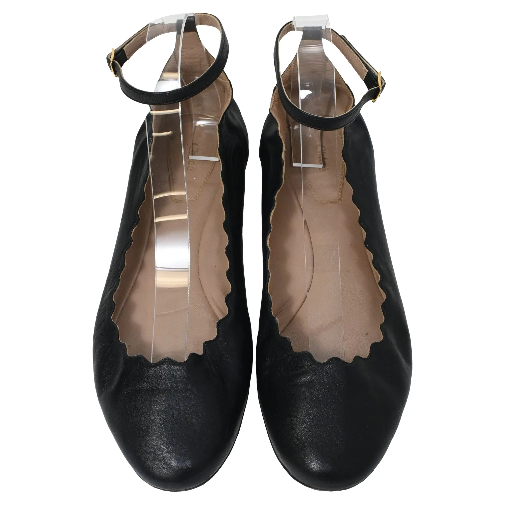Chlo Scallop Accent Ankle Strap Ballet Flats in Black Leather