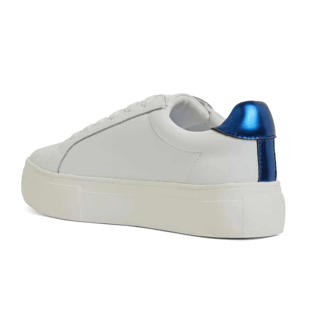 Frenzy Sneaker in White And Navy Metallic Leather