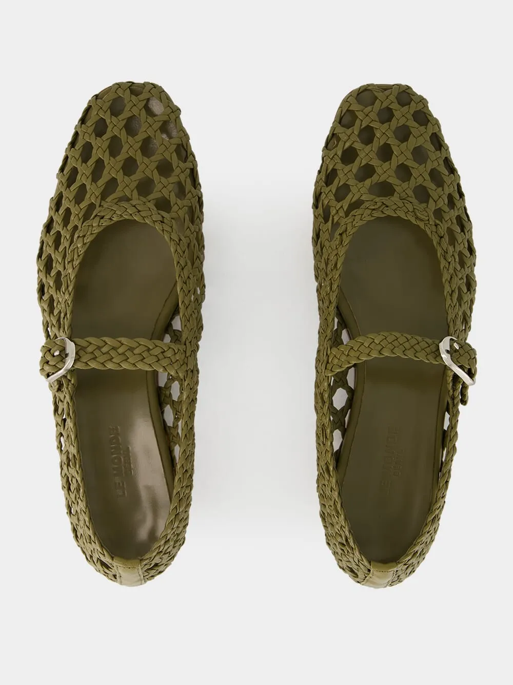 Khaki Woven Leather Mary Jane Flats