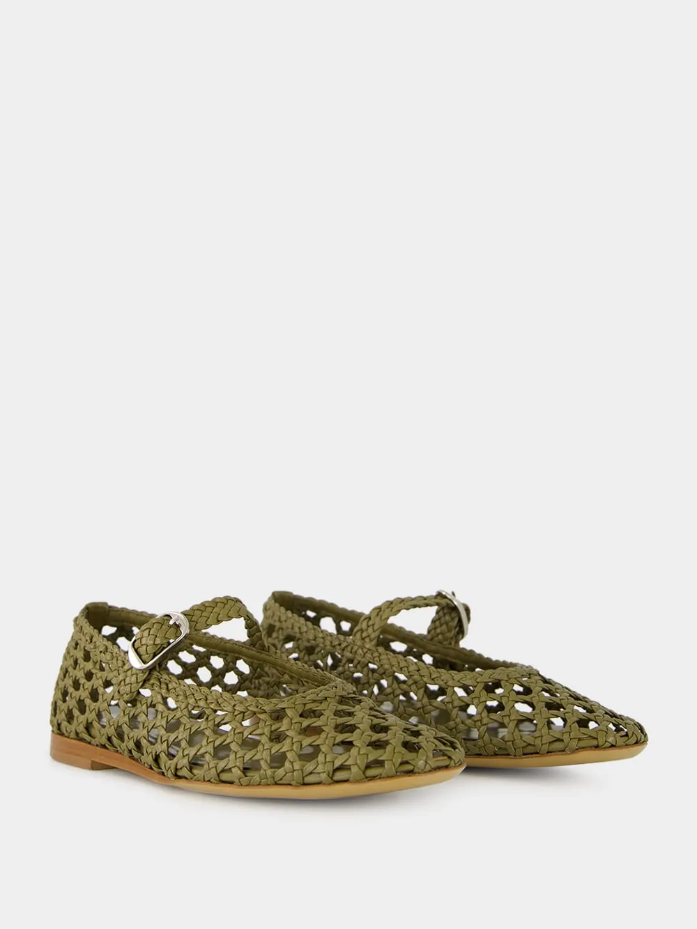 Khaki Woven Leather Mary Jane Flats