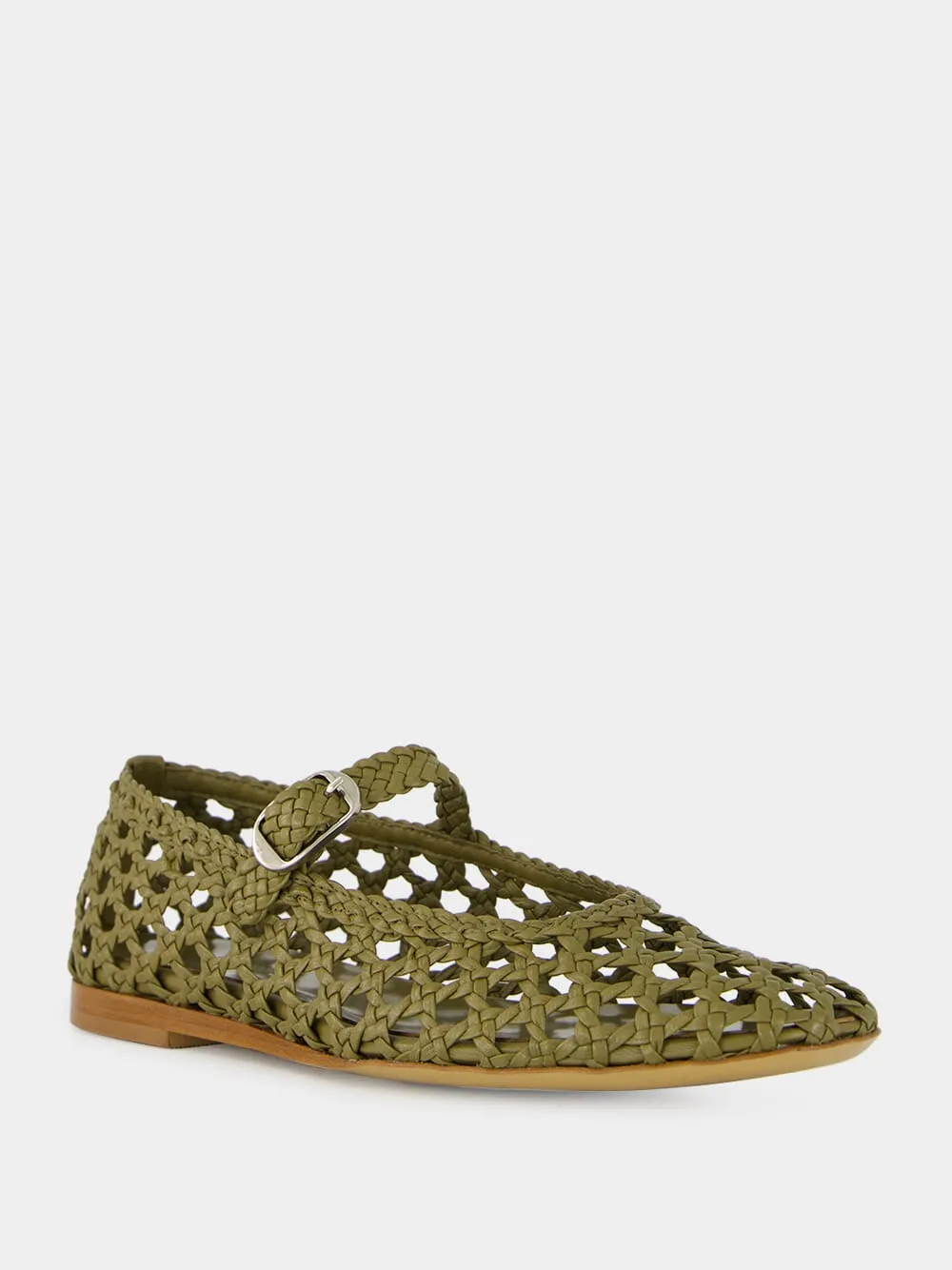 Khaki Woven Leather Mary Jane Flats