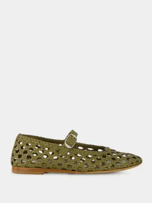 Khaki Woven Leather Mary Jane Flats