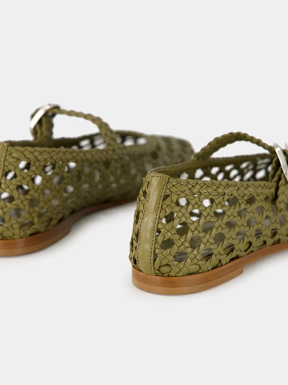 Khaki Woven Leather Mary Jane Flats