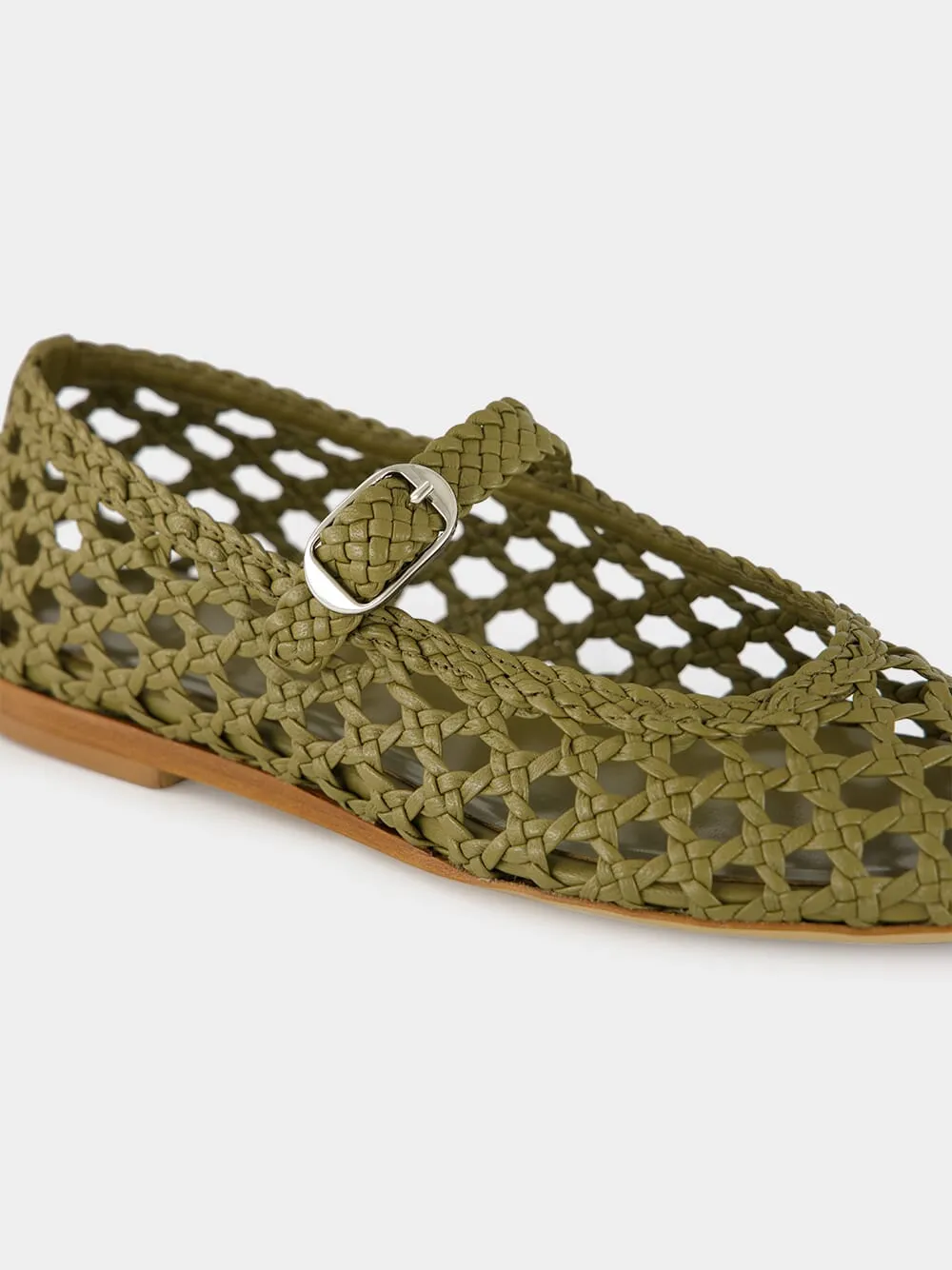 Khaki Woven Leather Mary Jane Flats
