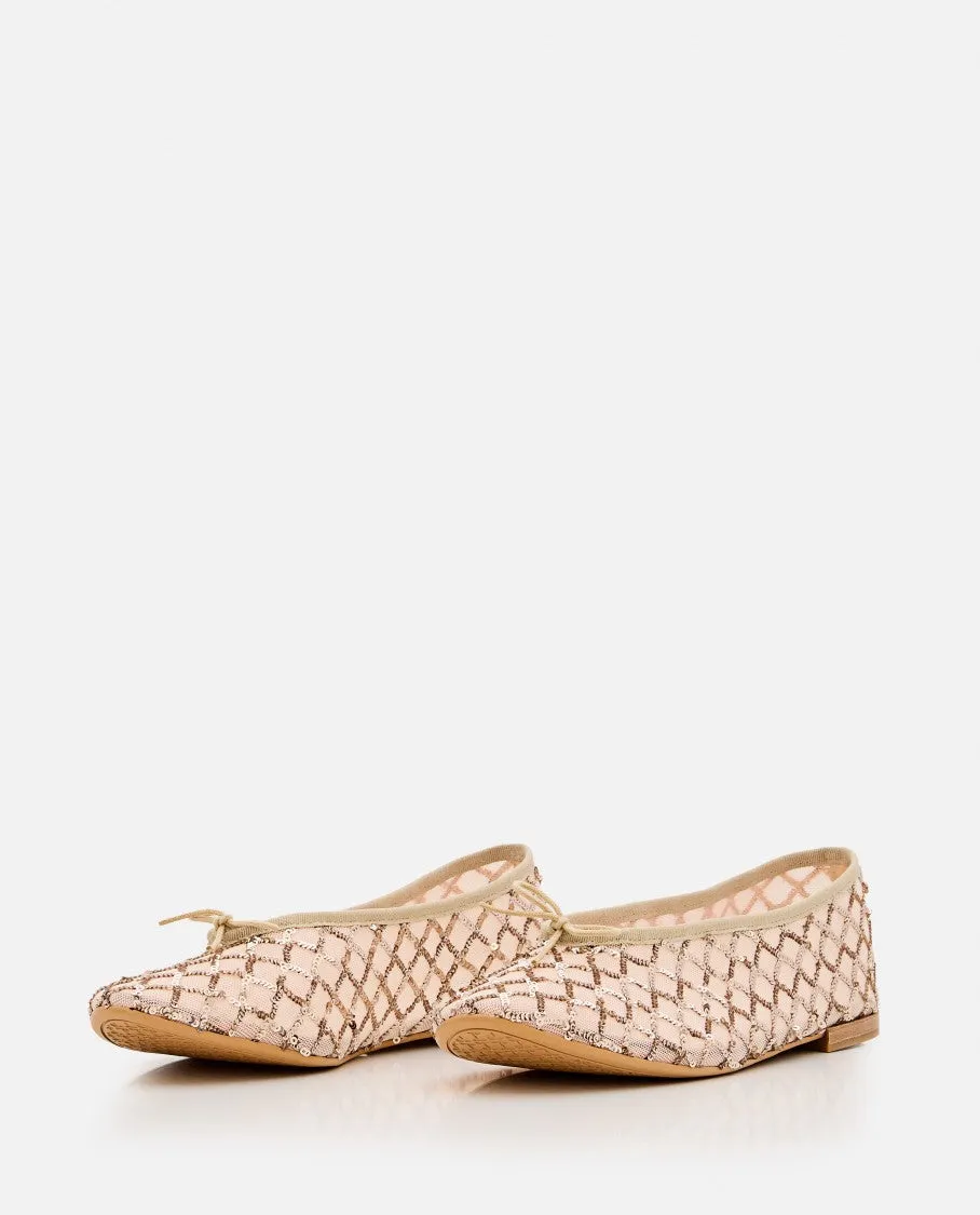Light Gold Woven Flats With Leather-Wrapped Heel