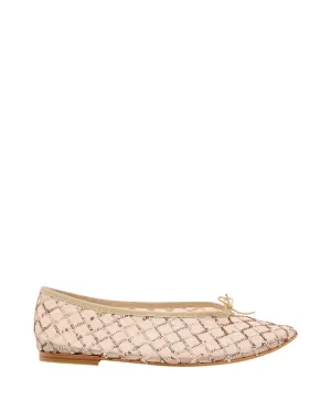 Light Gold Woven Flats With Leather-Wrapped Heel