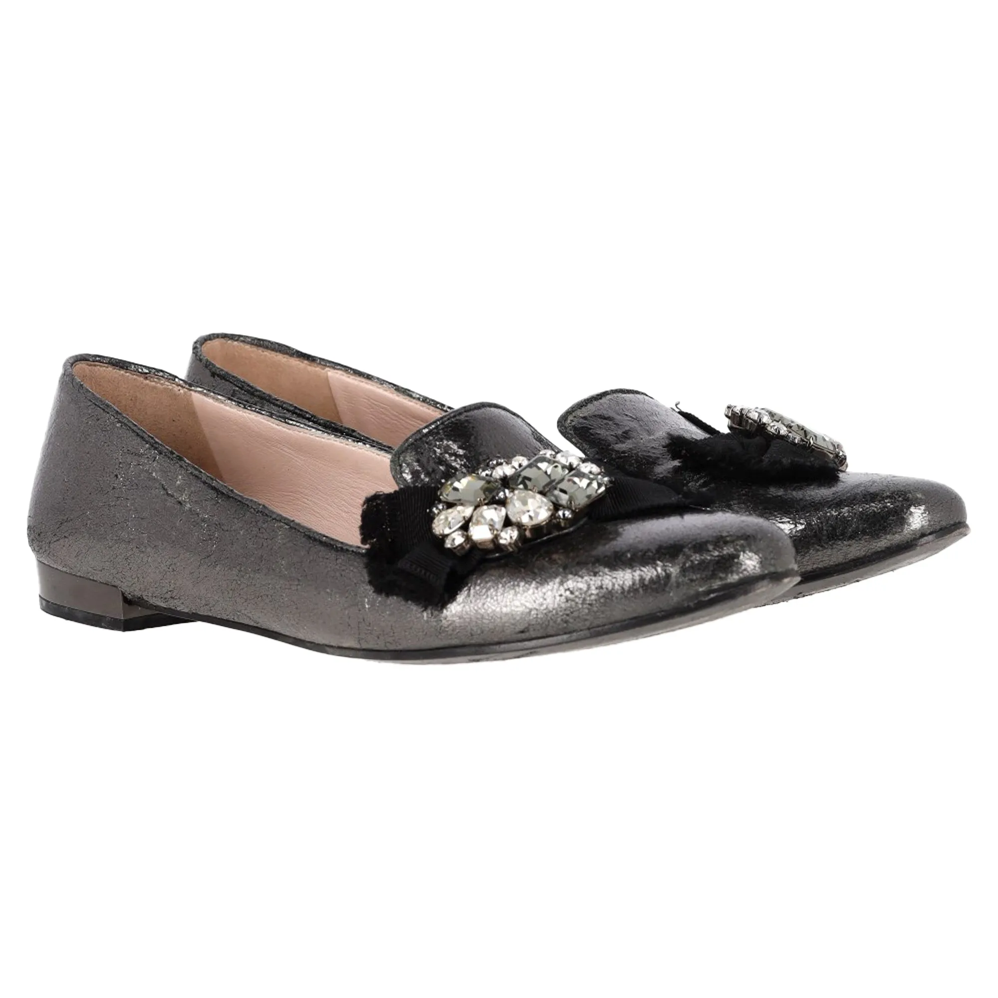 Miu Miu by Prada Jeweled Ballet Flats in Metallic Grey Leather