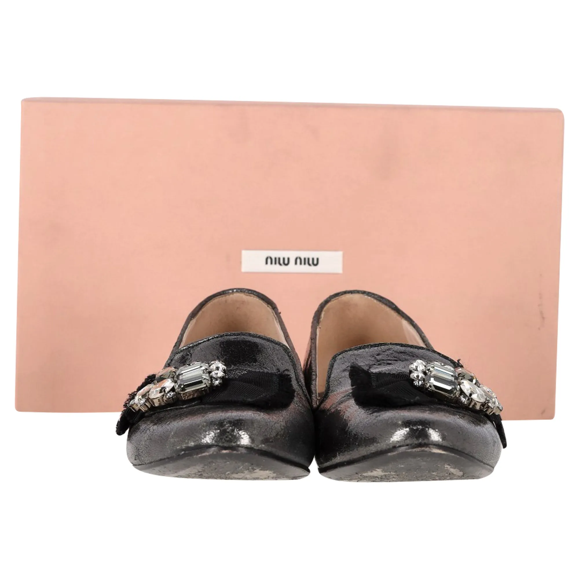 Miu Miu by Prada Jeweled Ballet Flats in Metallic Grey Leather
