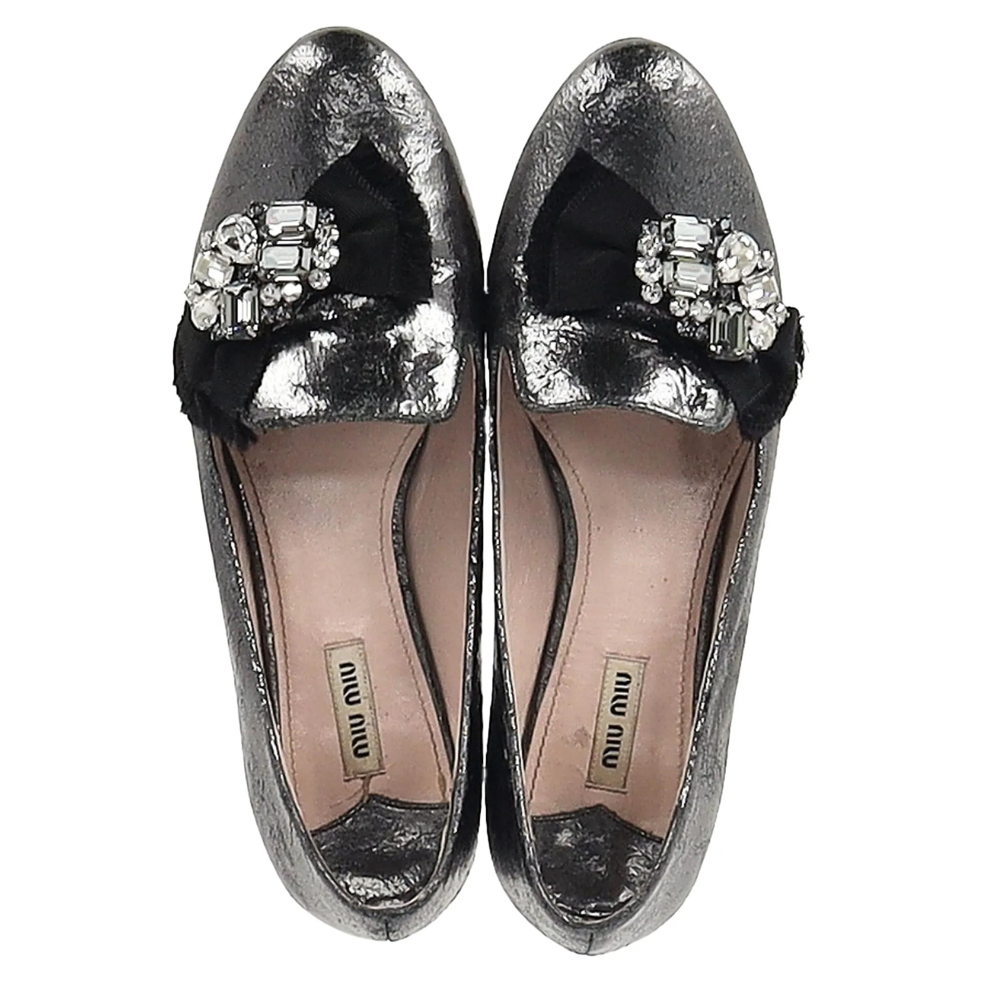 Miu Miu by Prada Jeweled Ballet Flats in Metallic Grey Leather