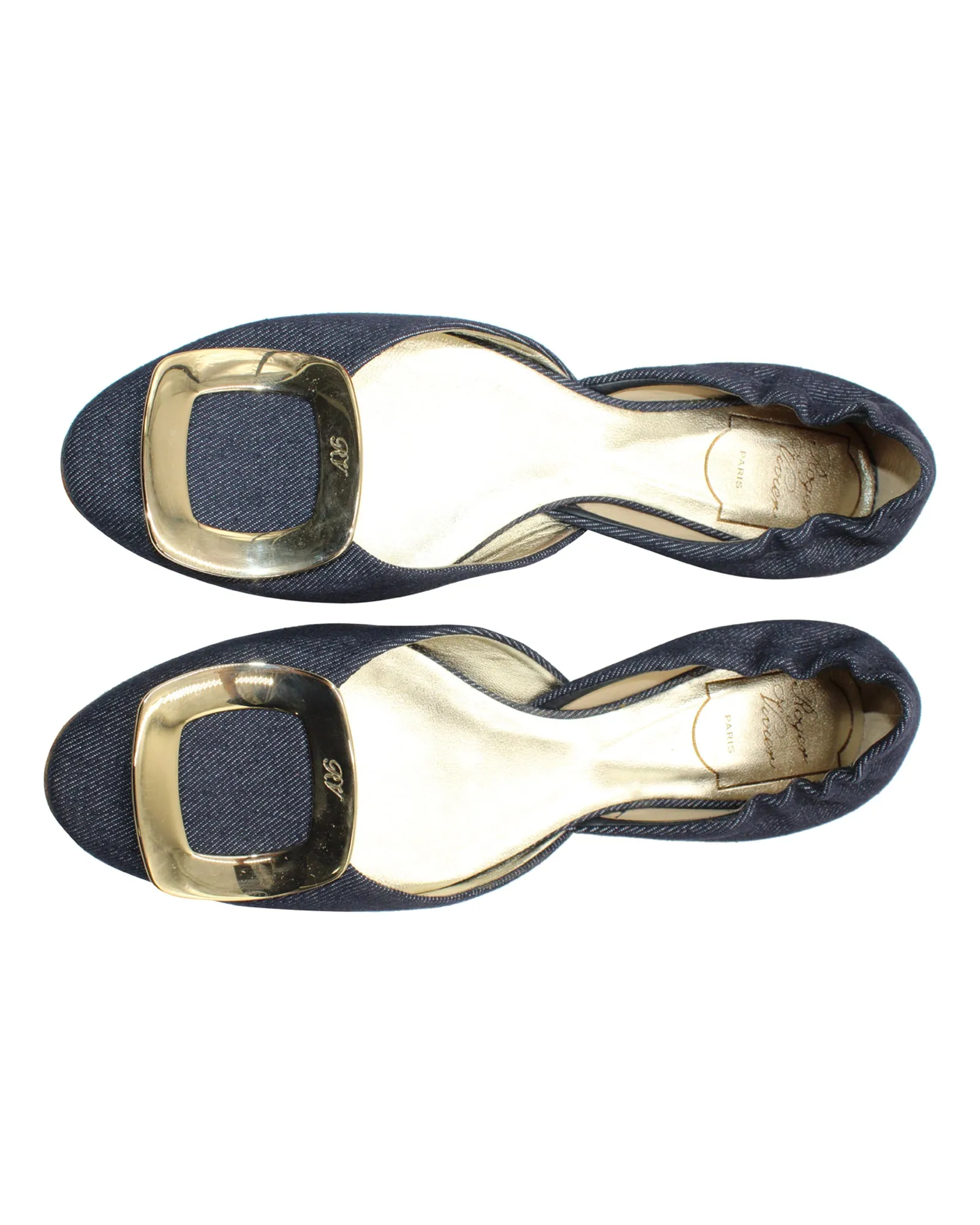 Roger Vivier Chip Buckle D'orsay Flats in Navy Blue Denim