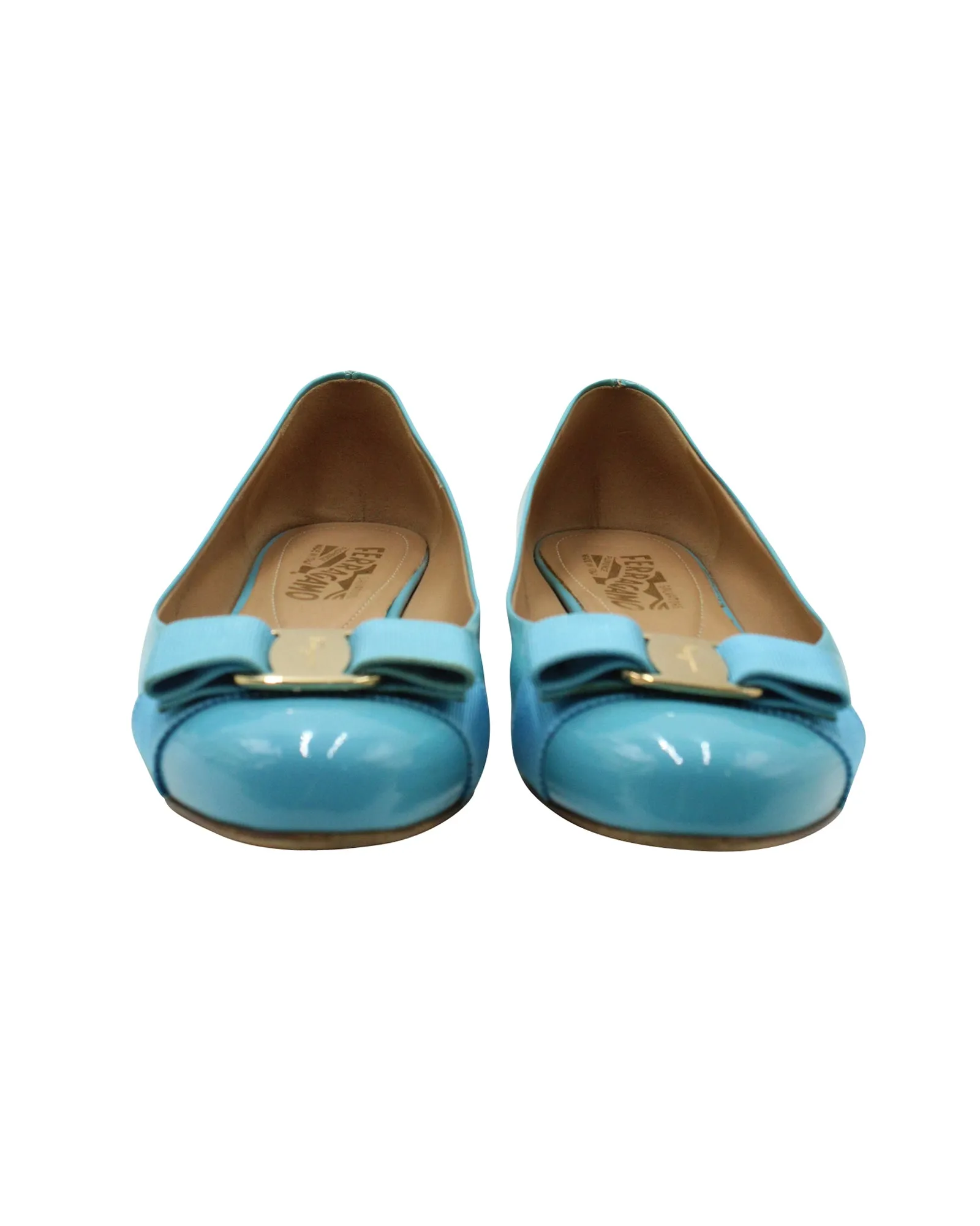 Salvatore Ferragamo Vara Bow Flats in Blue Patent Leather