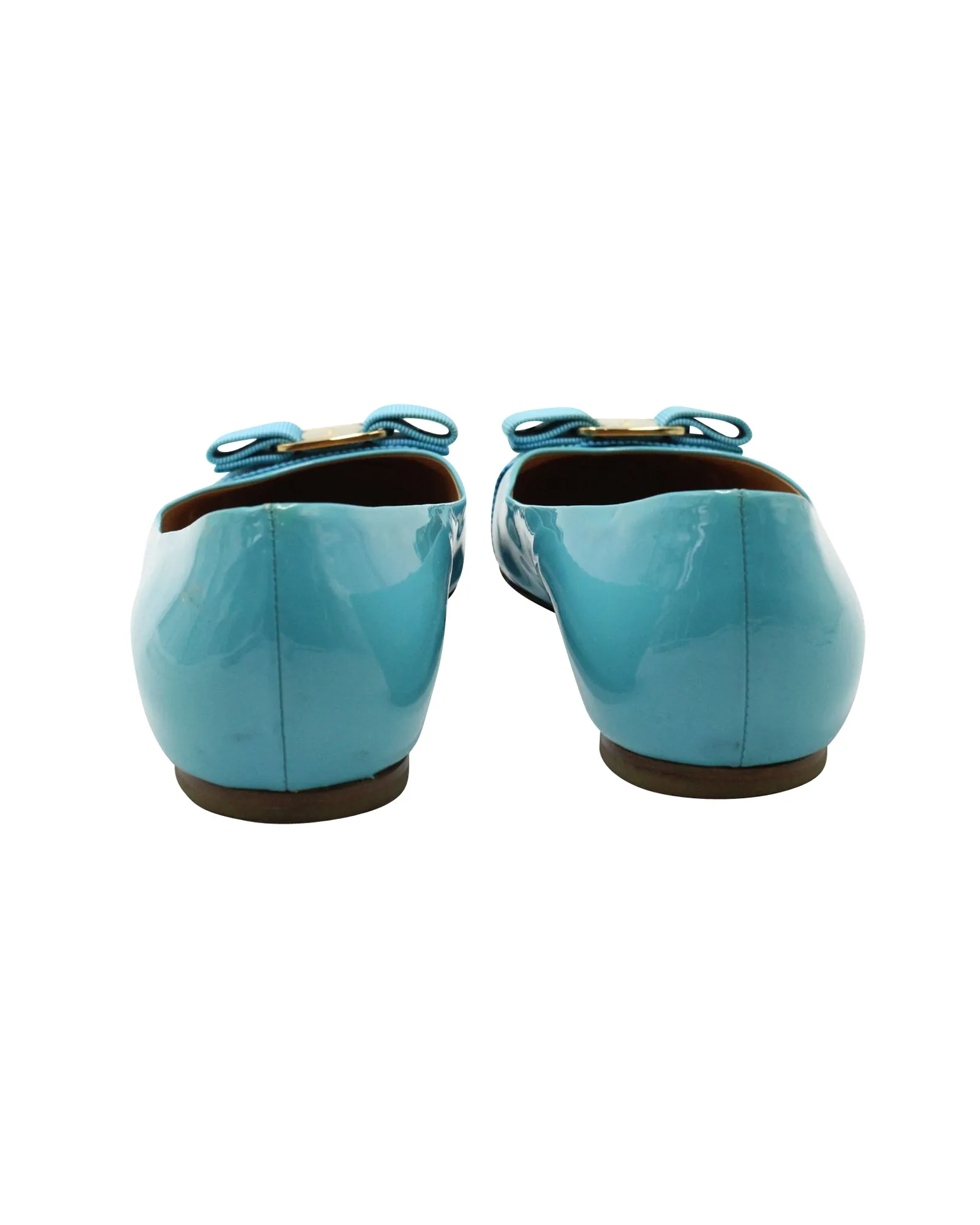 Salvatore Ferragamo Vara Bow Flats in Blue Patent Leather