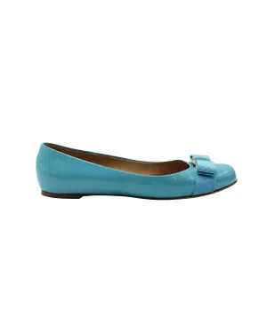 Salvatore Ferragamo Vara Bow Flats in Blue Patent Leather