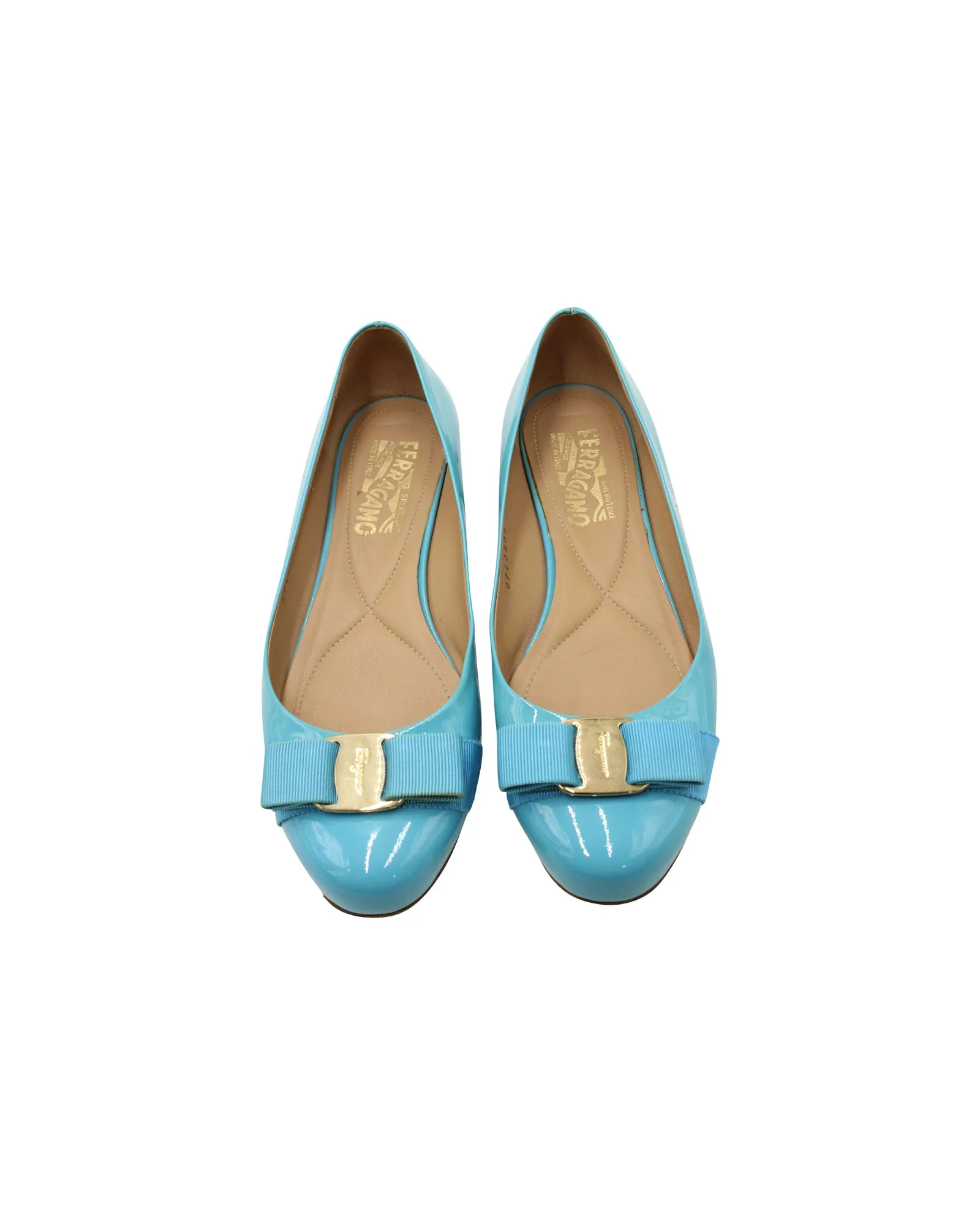 Salvatore Ferragamo Vara Bow Flats in Blue Patent Leather