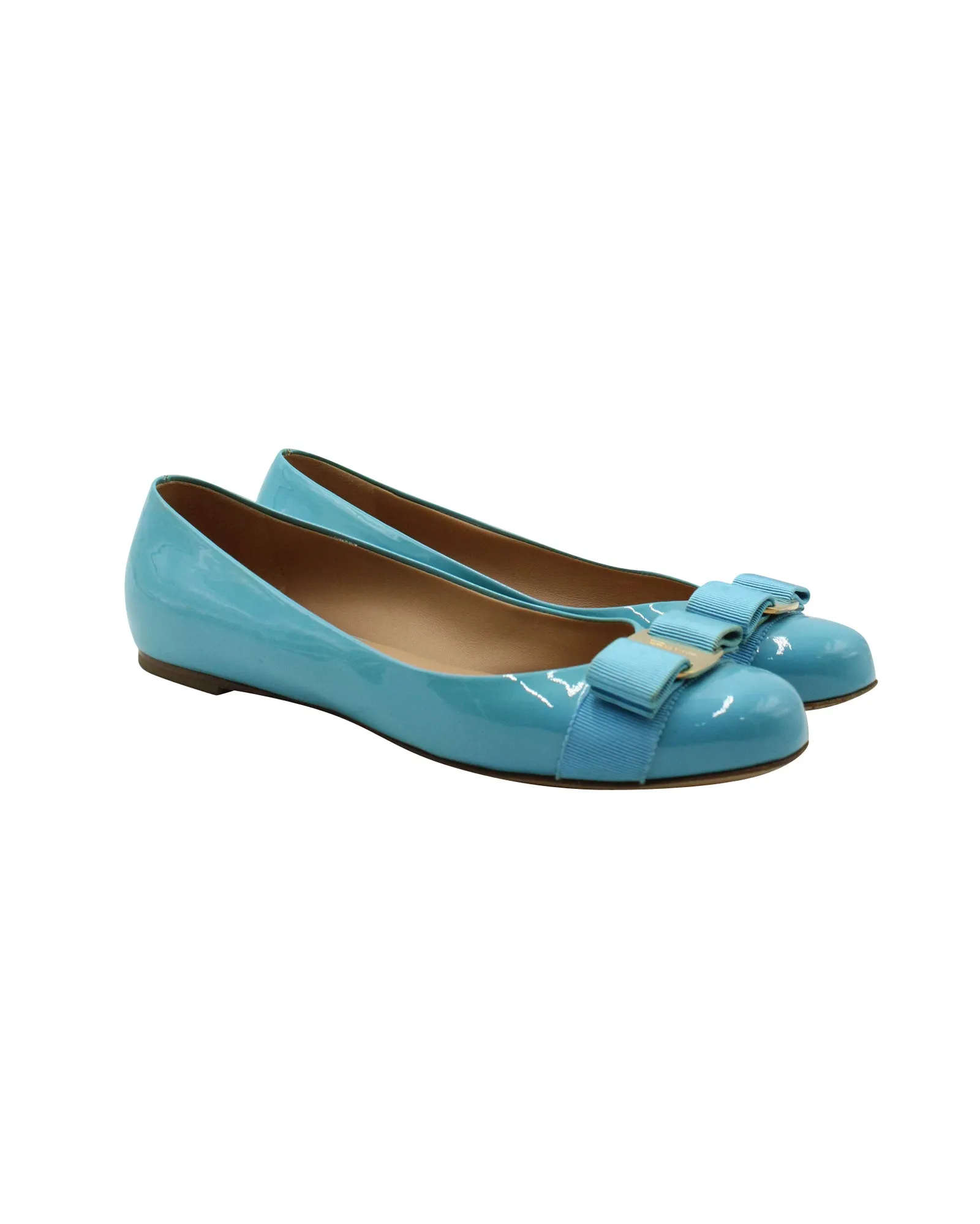 Salvatore Ferragamo Vara Bow Flats in Blue Patent Leather