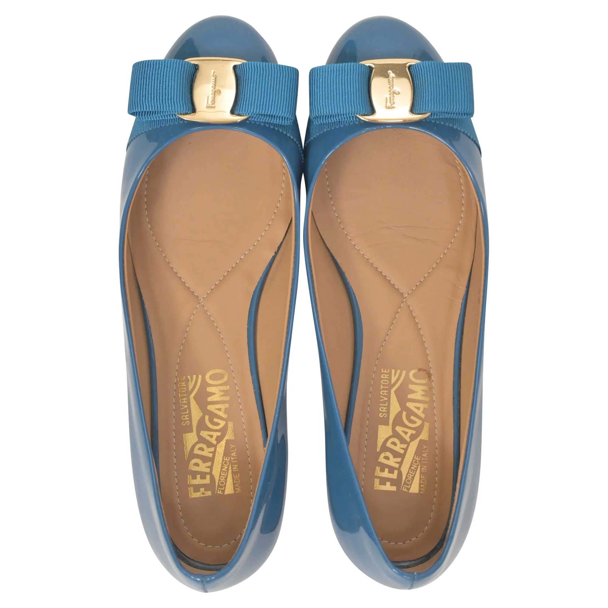 Salvatore Ferragamo Varina Bow Ballet in Blue Patent Leather