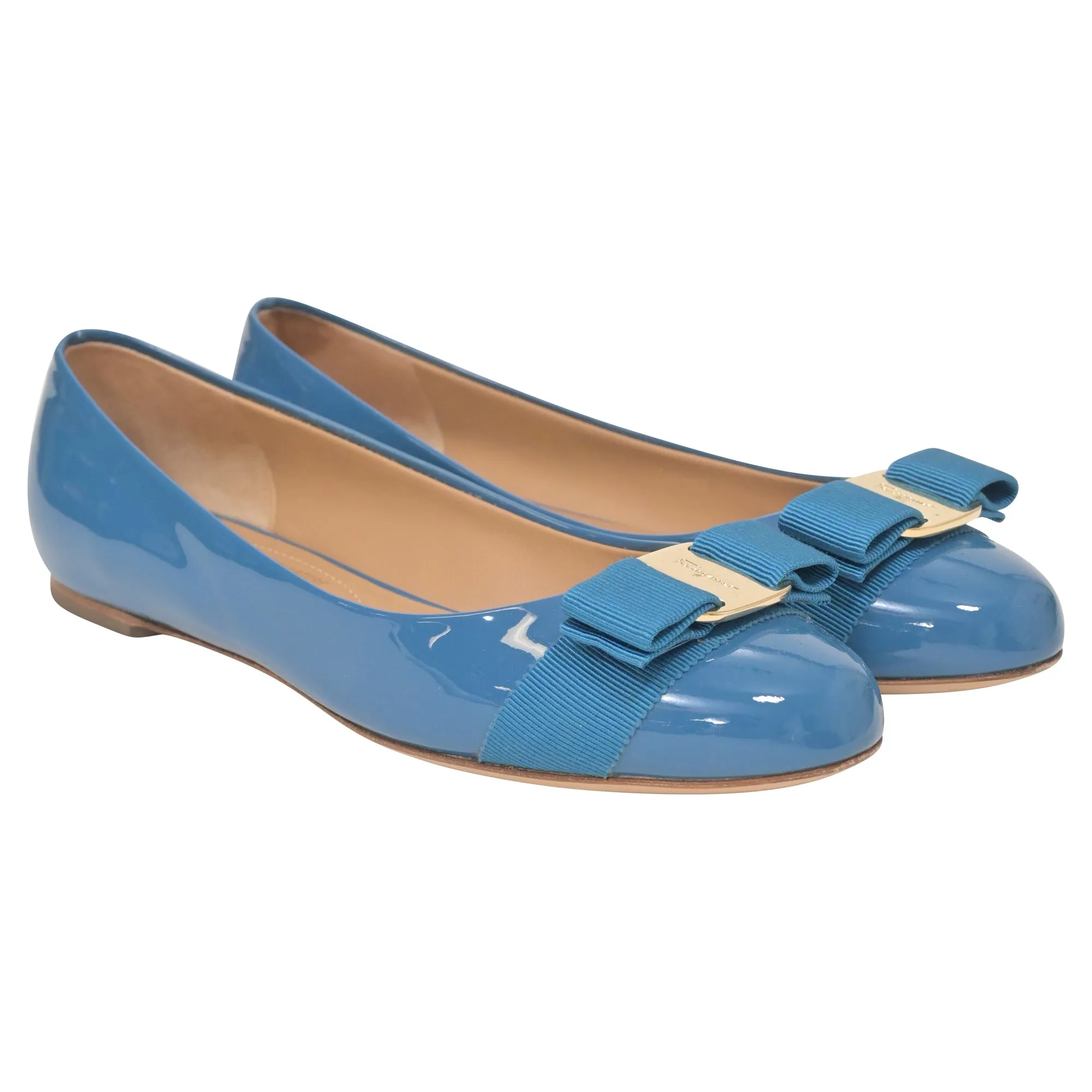 Salvatore Ferragamo Varina Bow Ballet in Blue Patent Leather