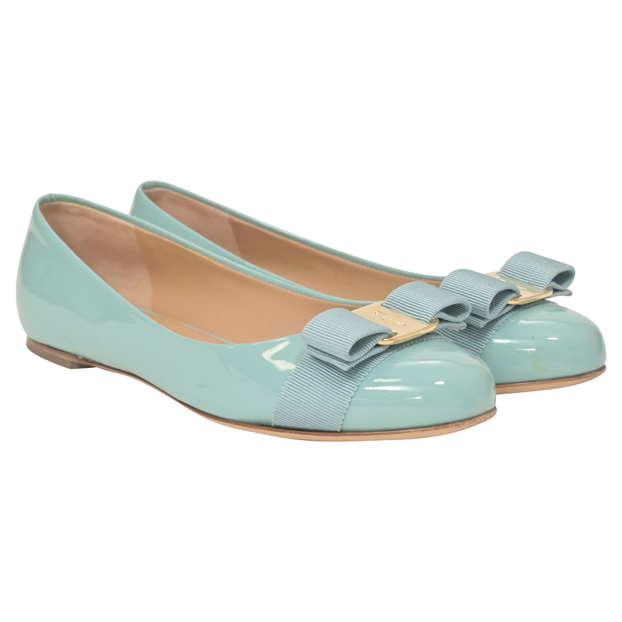Salvatore Ferragamo Varina Bow Ballet in Light Blue Patent Leather