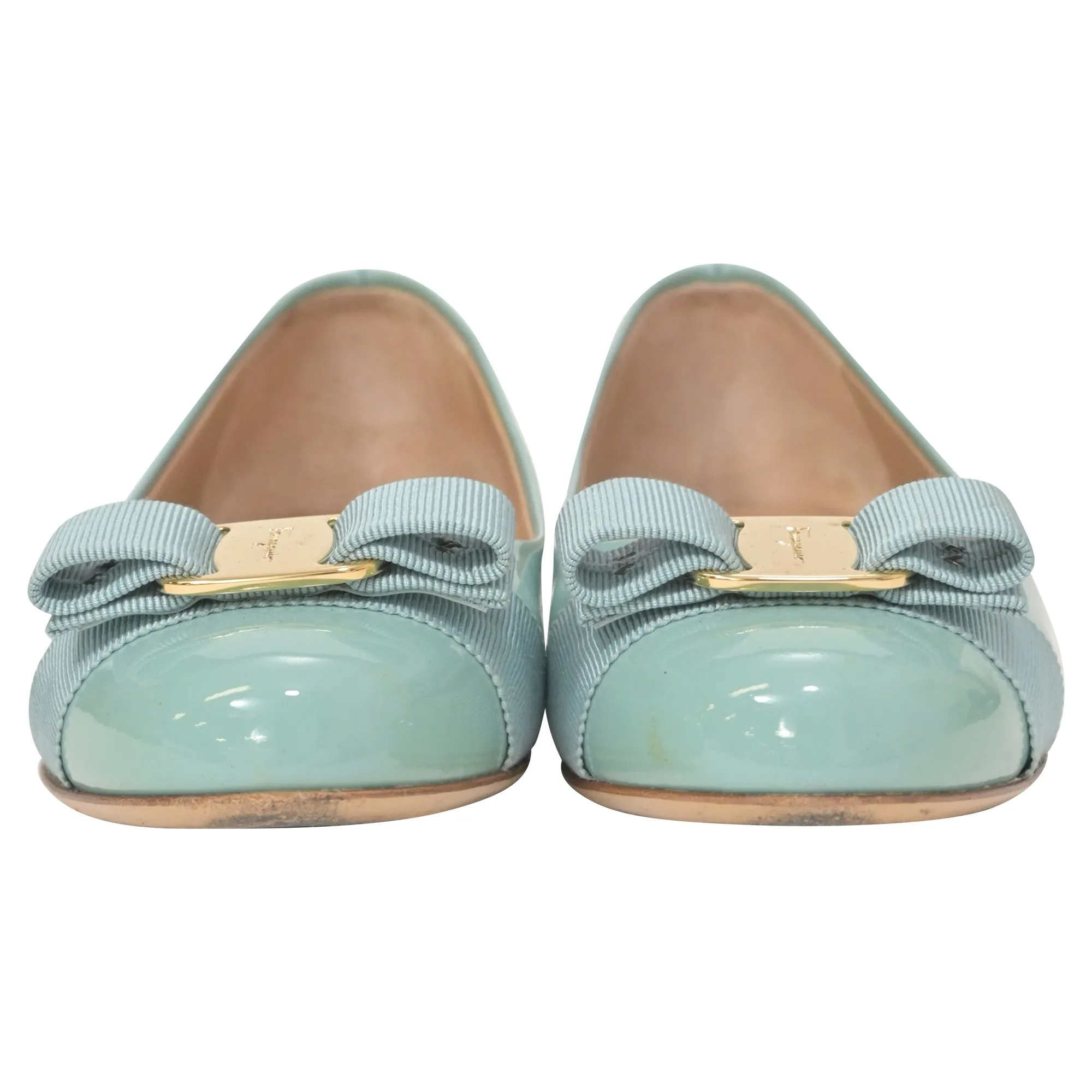 Salvatore Ferragamo Varina Bow Ballet in Light Blue Patent Leather