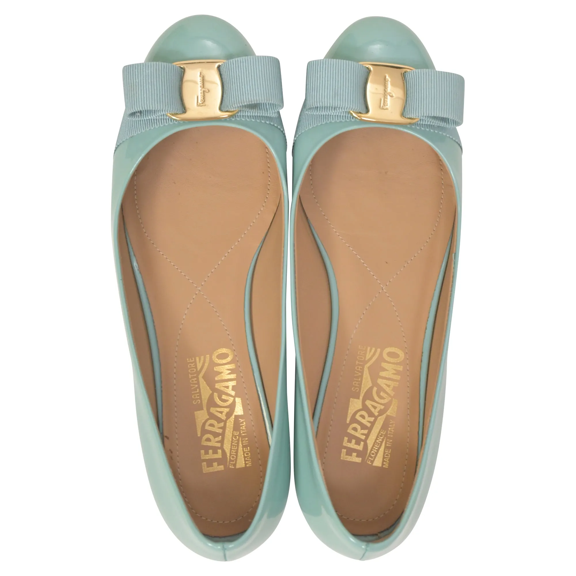 Salvatore Ferragamo Varina Bow Ballet in Light Blue Patent Leather