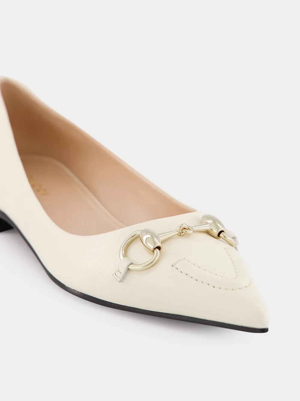 White Leather Horsebit Ballet Flats