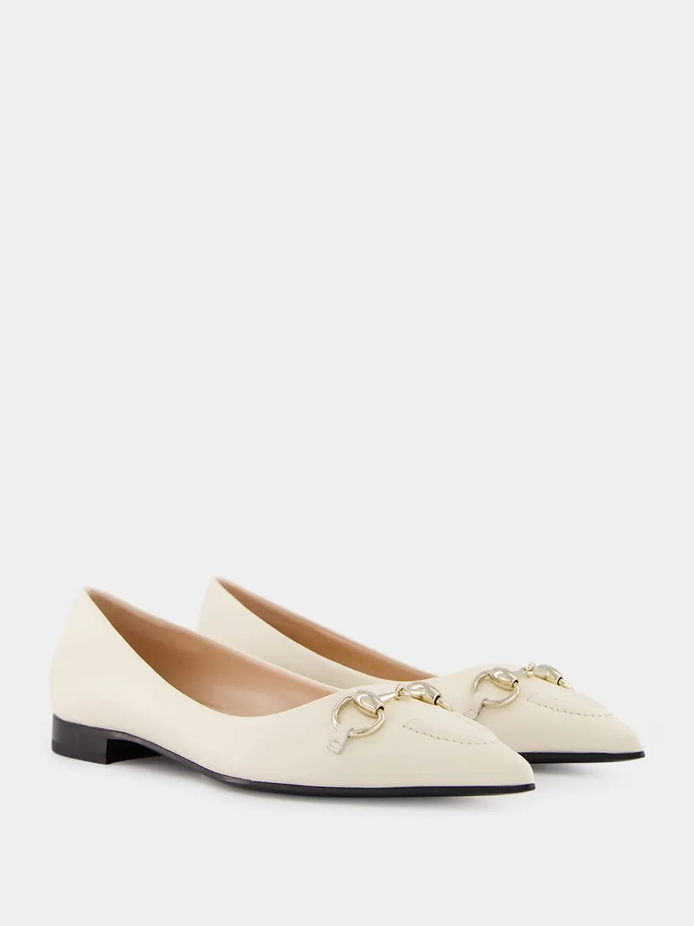 White Leather Horsebit Ballet Flats