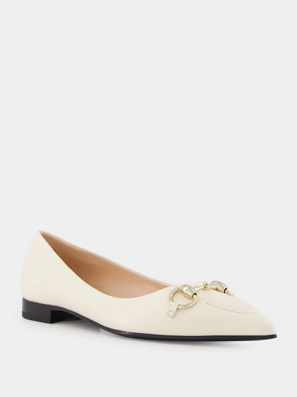 White Leather Horsebit Ballet Flats